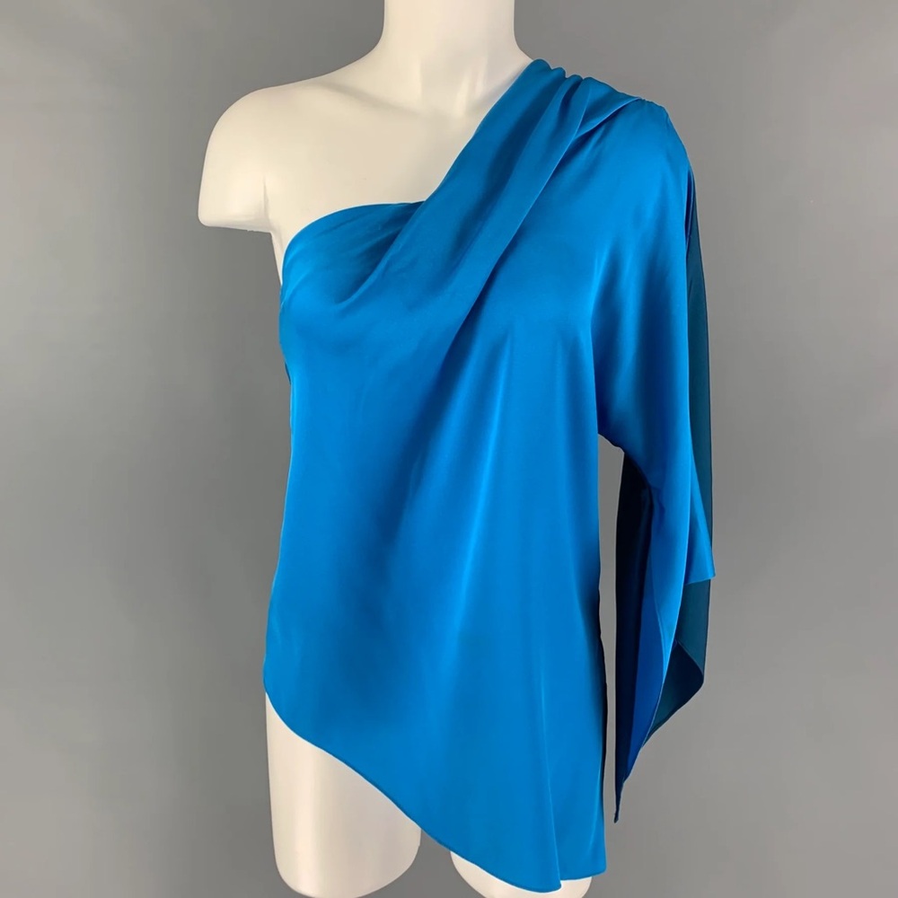 ELIE TAHARI Cobalt Blue Silk Two Tone One Shoulder Blouse. Size 0.